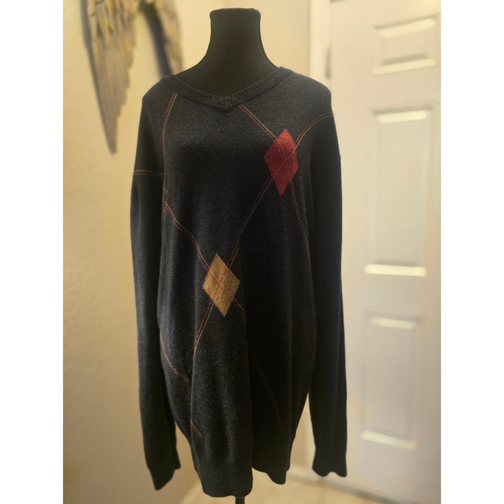 Ashworth Mens XL 100% Merino Wool V-Neck Argyle Sweater Charcoal Gray Golf Knit